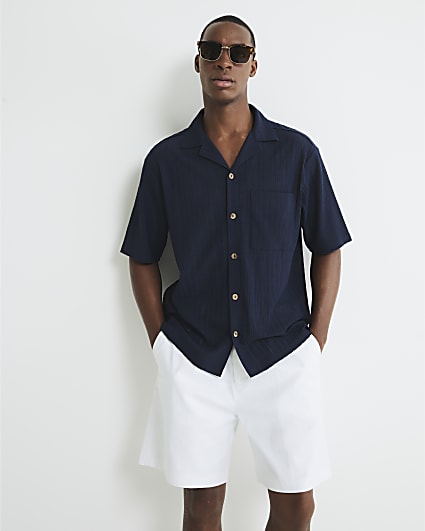 Navy Regular Fit Grid Textured Revere Shirt