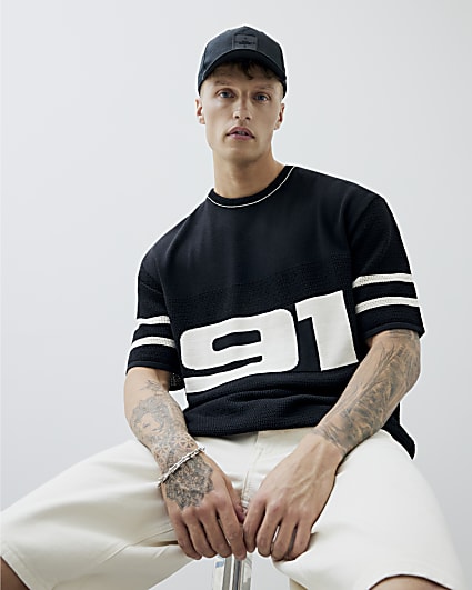 Black Short Sleeve Moto 91 Knitted T-Shirt