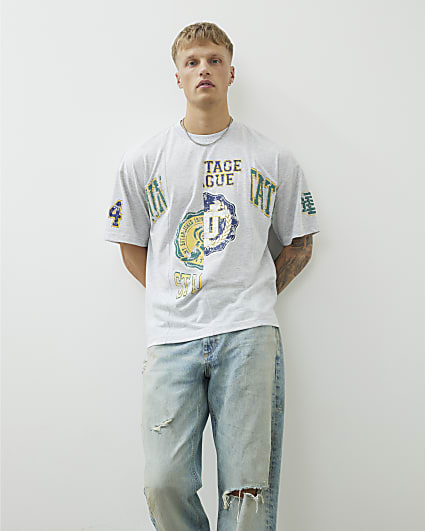 Grey Regular Fit College Spliced T-Shirt