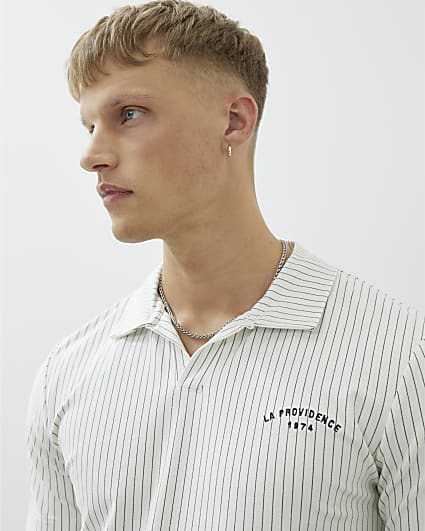 Ecru Regular Fit Stripe Open Neck Polo Shirt