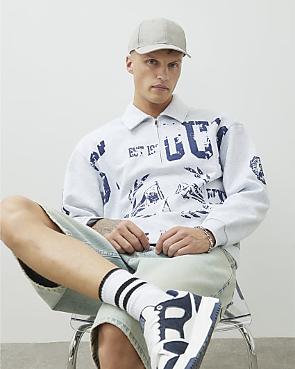 Grey Regular Fit Quarter Zip Polo Sweatshirt