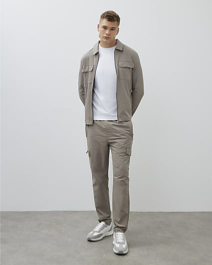 Brown Nylon Skinny Fit Cargo Trousers