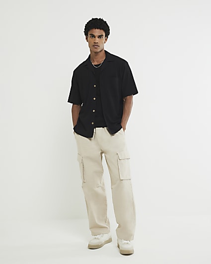 Black Regular Fit Grid Textured Revere Shirt