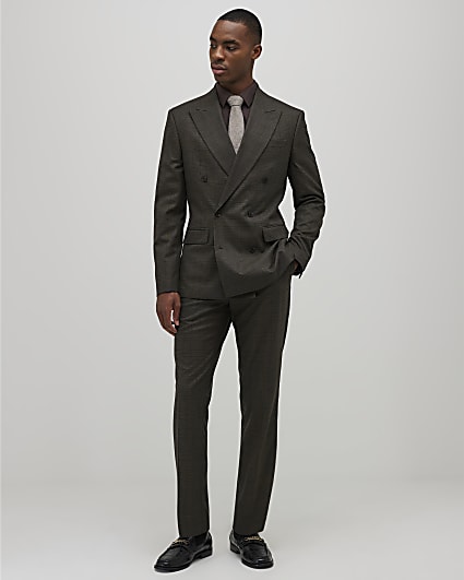 Brown Slim Fit Check Suit Trousers