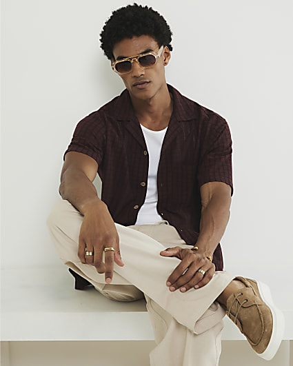 Red Regular Fit Grid Textured Revere Shirt