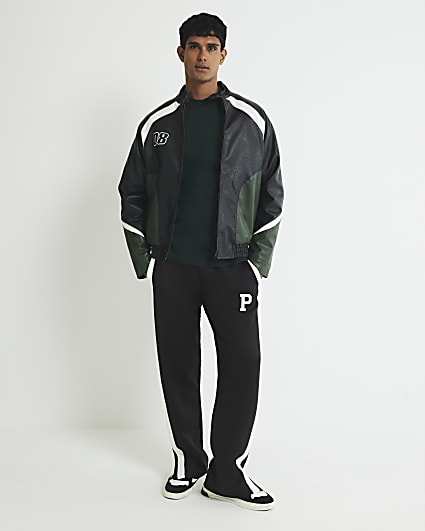 Black Faux Leather Colour Block Biker Jacket