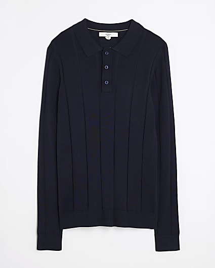Navy Muscle Fit Ribbed Polo Shirt