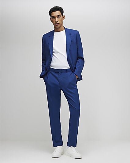 Blue Slim Fit Textured Suit Trousers