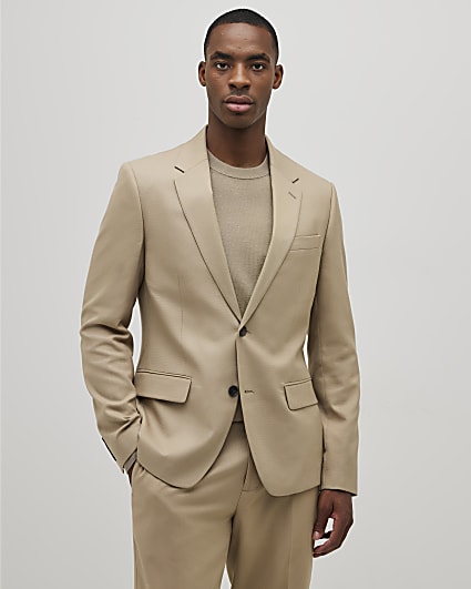 Beige Skinny Fit Textured Suit Jacket