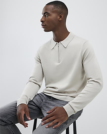 Beige Slim Fit Zipped Polo Shirt