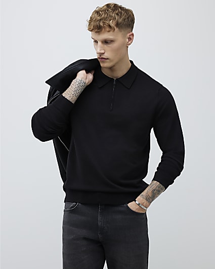 Black Slim Fit Long Sleeve Polo Shirt