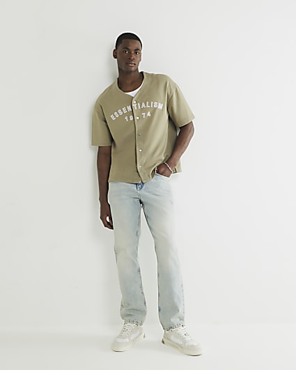 Blue Straight Leg Embroidered Jeans