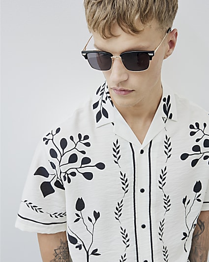 Cream Regular Fit Floral Border Shirt