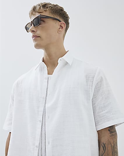 White Boxy Fit Linen Blend Short Sleeve Shirt