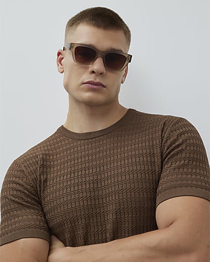 Brown Muscle Fit Textured Knit T-Shirt