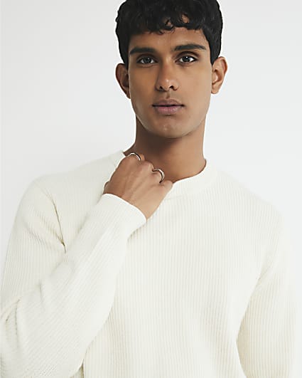 Ecru Slim Fit Knitted Ribbed Jumper