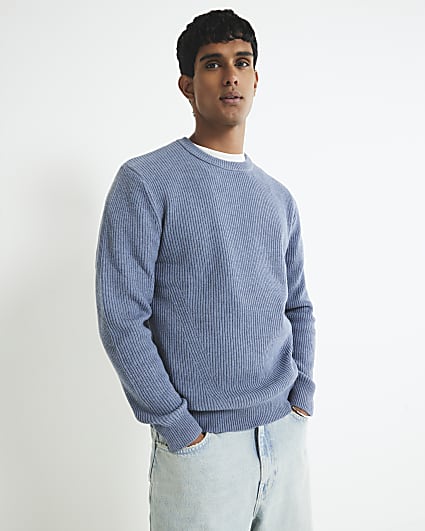 Blue Slim Fit Knitted Ribbed Jumper