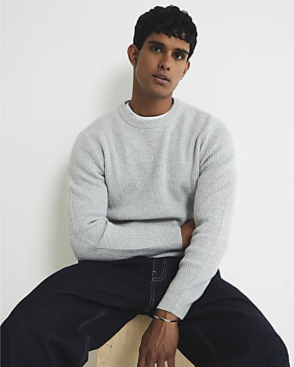 Grey Slim Fit Knitted Ribbed Jumper