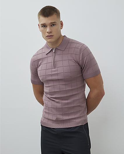 Pink Muscle Fit Grid Textured Polo Shirt