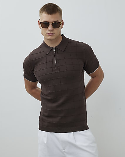 Brown Muscle Fit Grid Textured Polo Shirt
