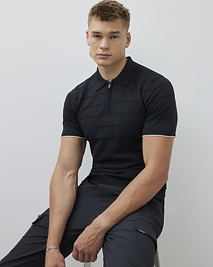 Black Muscle Fit Grid Textured Polo Shirt