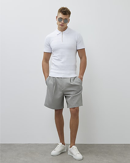 White Muscle Fit Grid Textured Polo Shirt