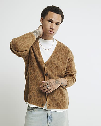 Brown Long Sleeve Animal Print Cardigan