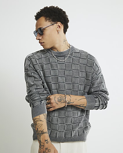 Grey Washed Checkerboard Jumper