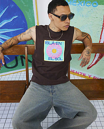 Brown Atlas Crochet Graphic Tank Top