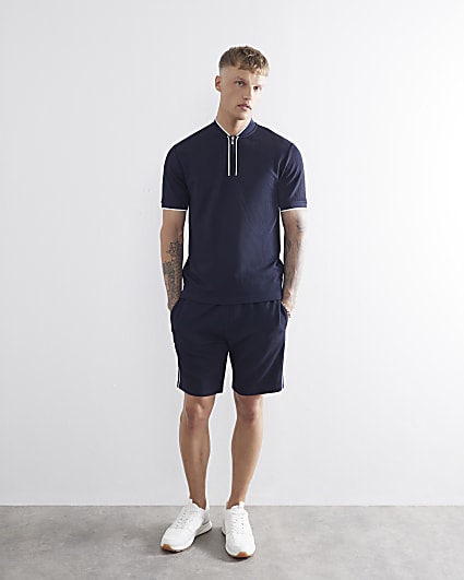 Navy Slim Fit Tipped Texture Shorts