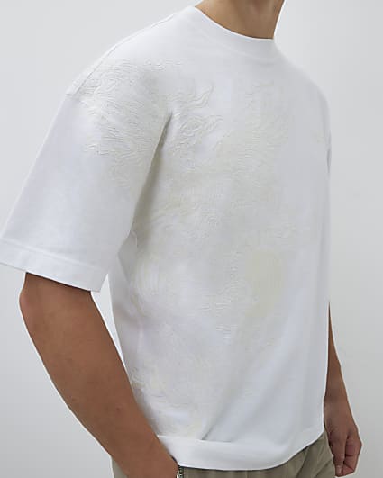 White Oversized Embroidered Phoenix T-Shirt