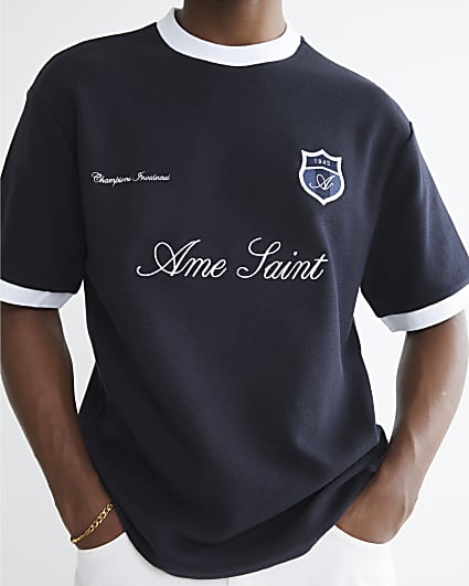 Navy Regular Fit Football Ottoman T-Shirt