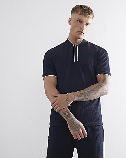 Navy Slim Fit Tipped Zip Baseball Shirt