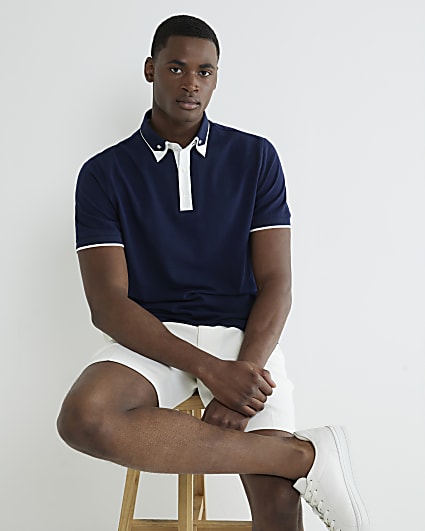 Navy Slim Fit Double Collar Polo Shirt