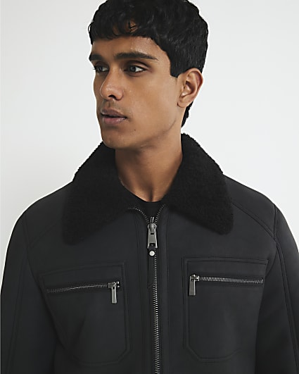 Black Nubuck Zip Shearling Western Jacket