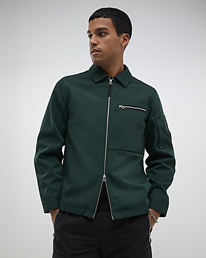 Green Twill Two-Way Zip Shacket