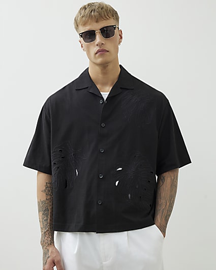 Black Regular Fit Palm Tree Cut Out Shirt