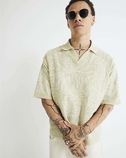 Green Floral Embroidered Polo Shirt