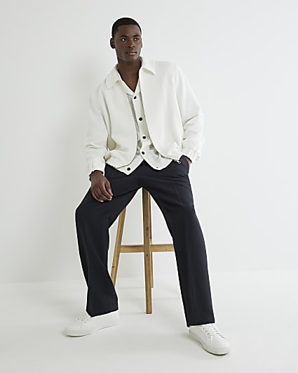 Ecru Slim Fit Waffle Harrington Jacket