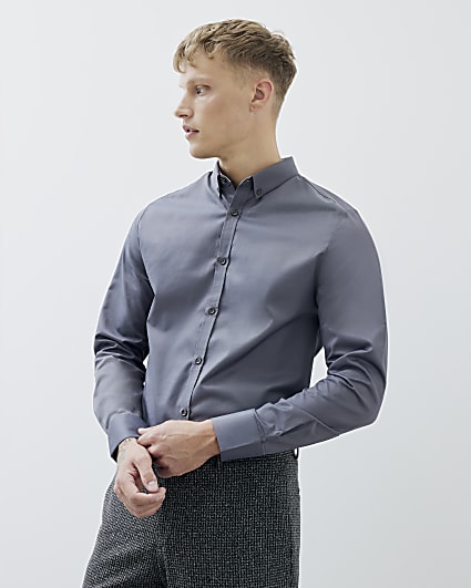 Grey Muscle Fit Long Sleeve Shirt