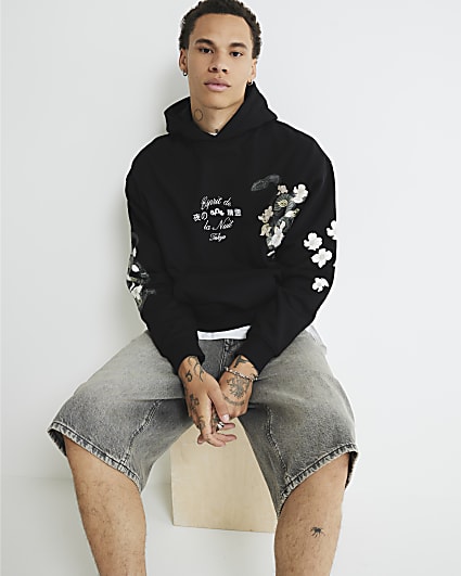 Black Embroidered Floral Snake Print Hoodie