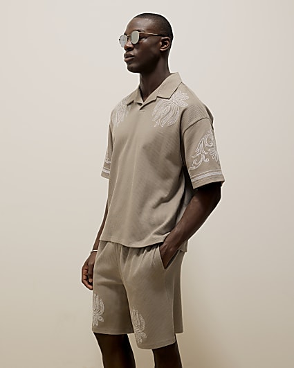 Grey Embroidered Open Neck Polo Shirt