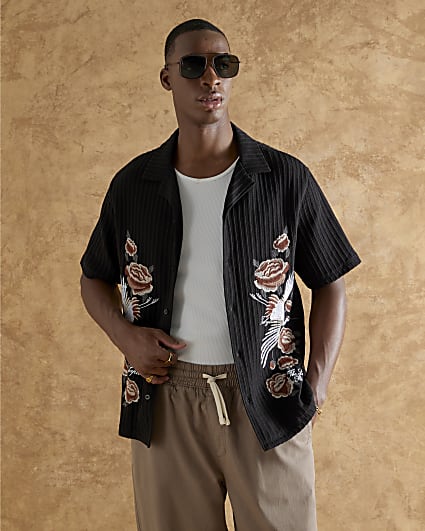 Black Regular Fit Crane Embroidered  Shirt