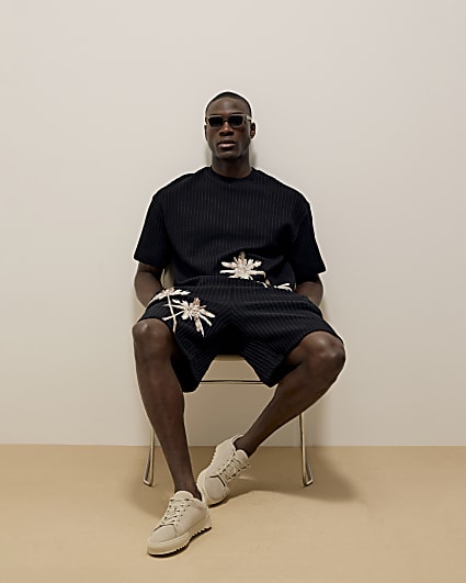Black Regular Fit Palm Embroidered Shorts