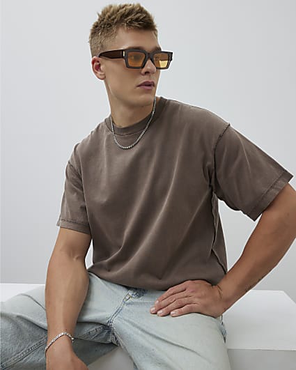 Brown Boxy Fit Washed Reverse Seam T-Shirt