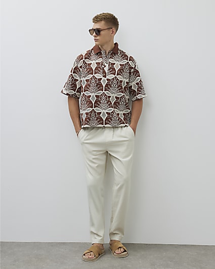 Brown Boxy Fit Floral Crochet Polo Shirt