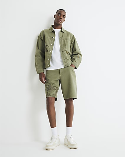 Green Denim Embroidered Palm Tree Shorts
