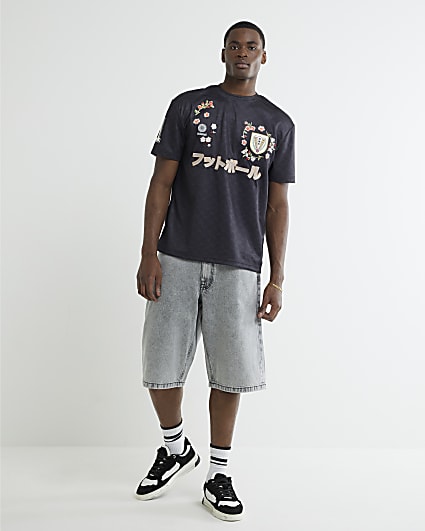 Grey Denim Embroidered Pocket Jorts