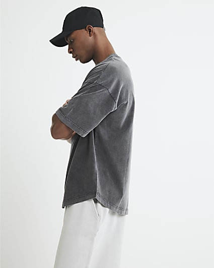 Black Washed Oversized Fit Curved Hem T-Shirt