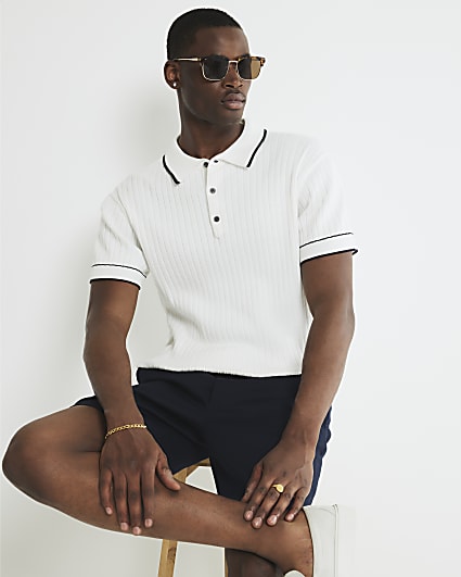 White Slim Fit Ribbed Polo Shirt